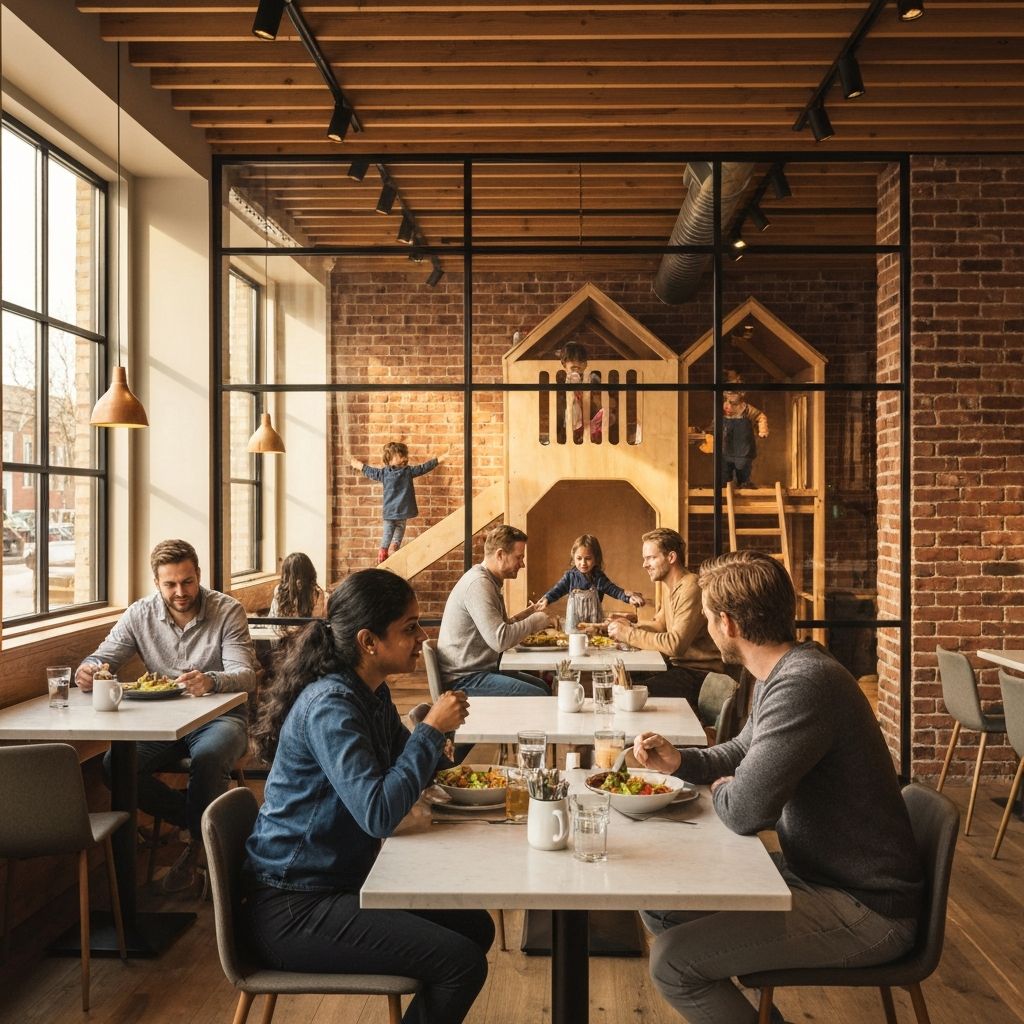 Cafe with play area visible, parents eating while watching kids