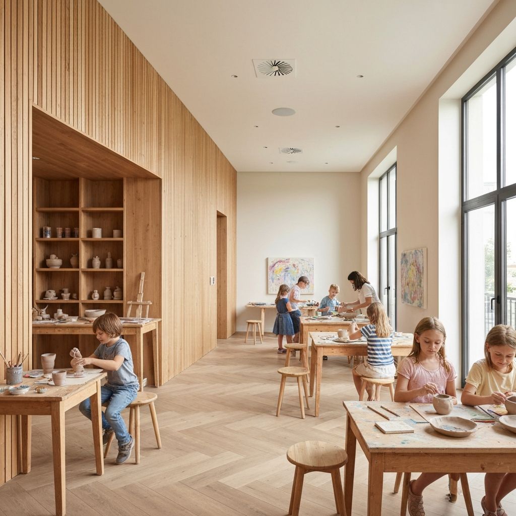 Kids doing art in clubhouse creative studio