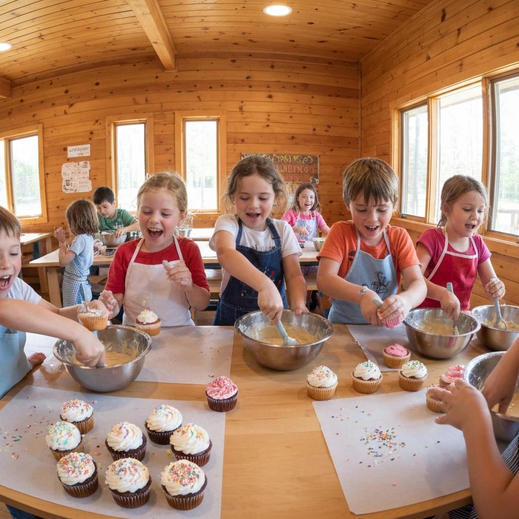 Kids in cooking class decorating cupcakes in clubhouse
