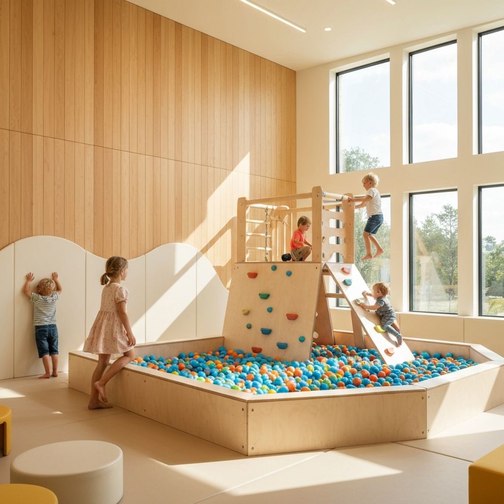Kids playing on climbing structure in bright clubhouse