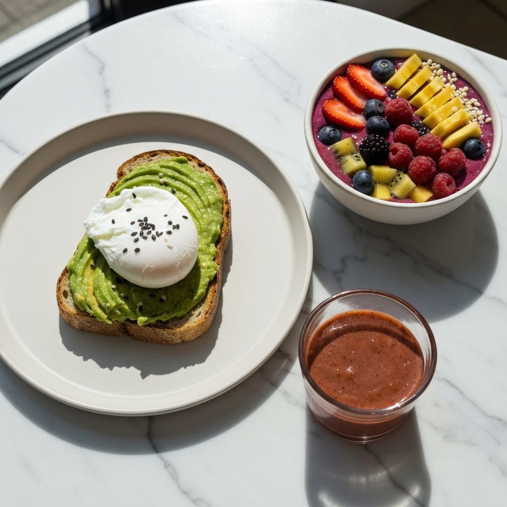 Elevated healthy food - avocado toast and smoothie bowl