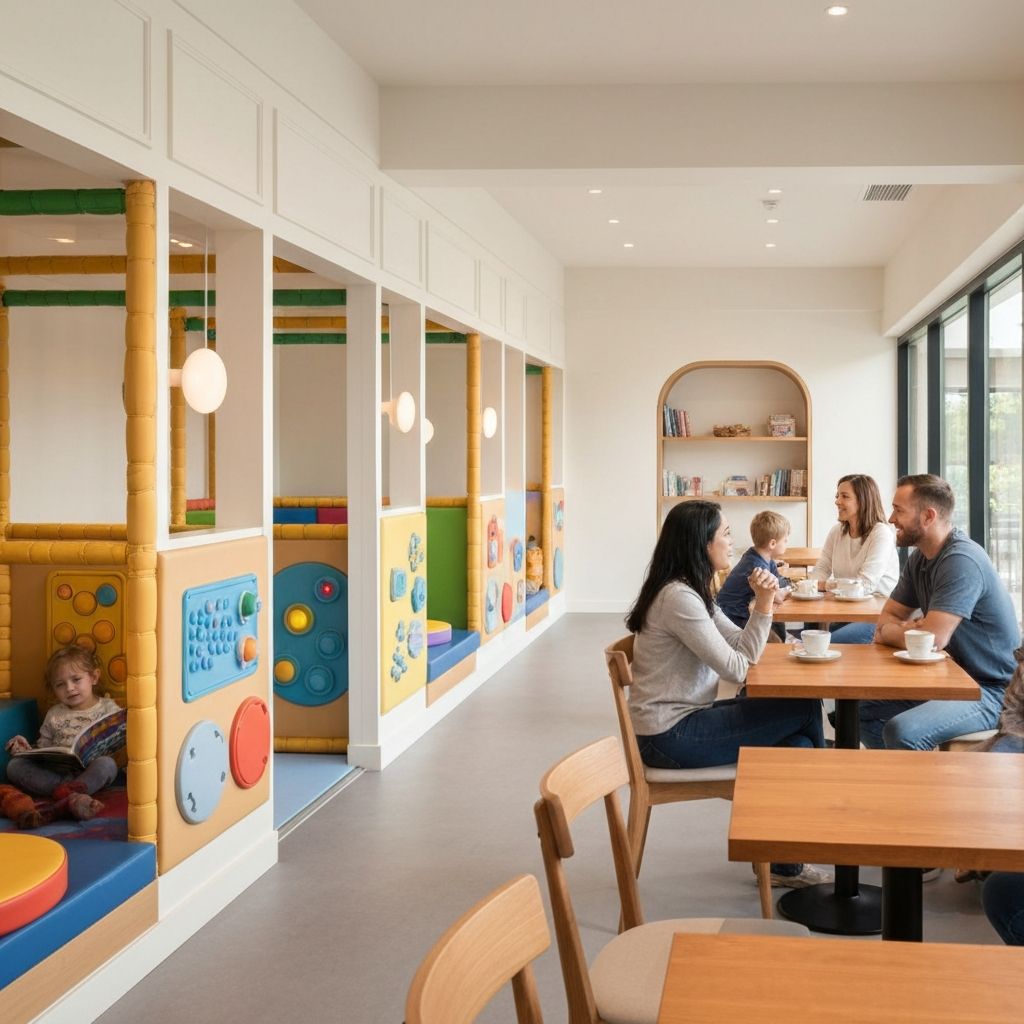 South Bay Clubhouse interior with enclosed soft play areas, sensory walls, cozy reading nooks, and parents relaxing at warm modern cafe
