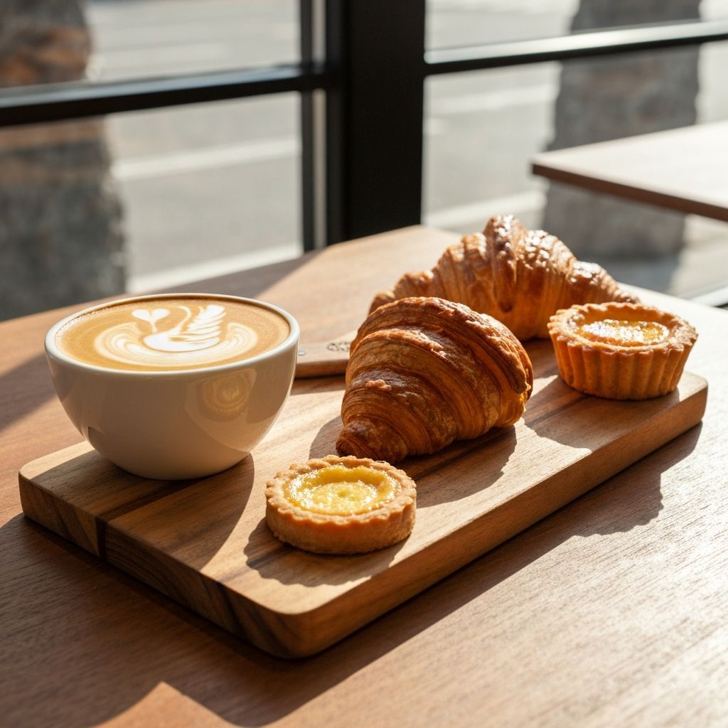 Specialty coffee with latte art and fresh pastries
